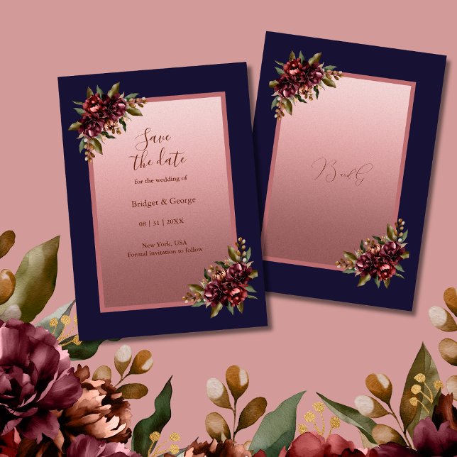 Convite Navy Blue Rose Gold Floral wedding Save the Date (Criador carregado)