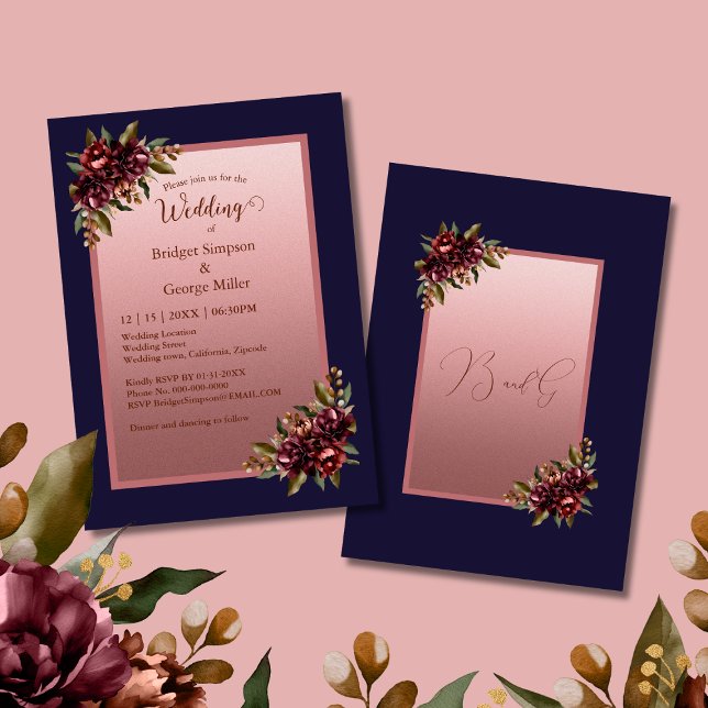 Convite Navy Blue Rose Gold Script Burgundy floral wedding (Criador carregado)