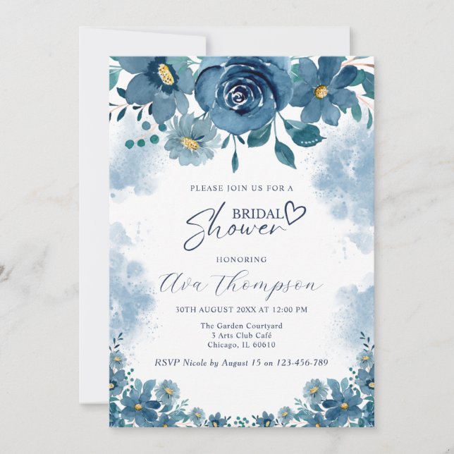 Convite Navy Blue Smoke Floral Bridal Shower Invitation (Frente)
