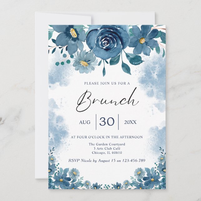 Convite Navy Blue Smoke Floral Brunch Invite (Frente)
