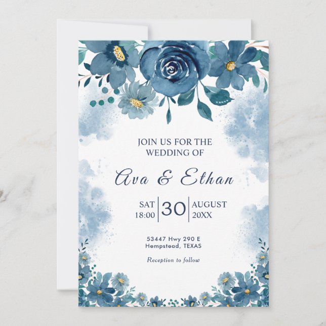 Convite Navy Blue Smoke Floral Wedding Invitation (Frente)
