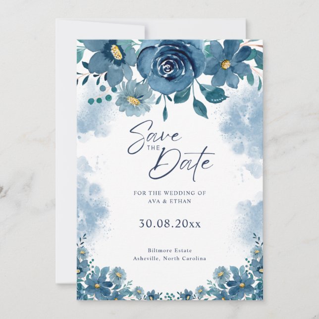 Convite Navy Blue Smoke Floral Wedding Save The Date (Frente)