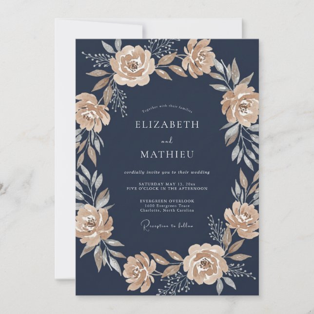 Convite Navy Blue Sophisticated Botanical Wedding (Frente)