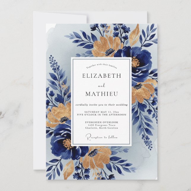 Convite Navy Blue Stately Botanical Wedding (Frente)