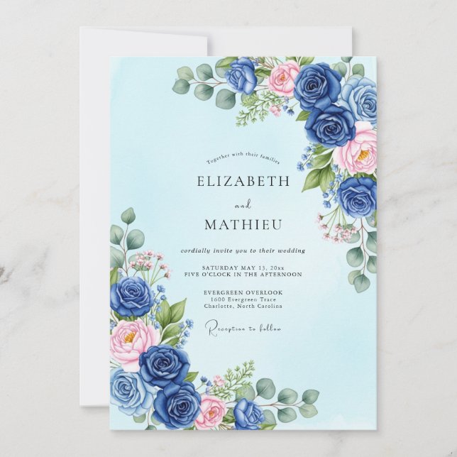 Convite Navy Blue Sublime Botanical Spring Wedding (Frente)