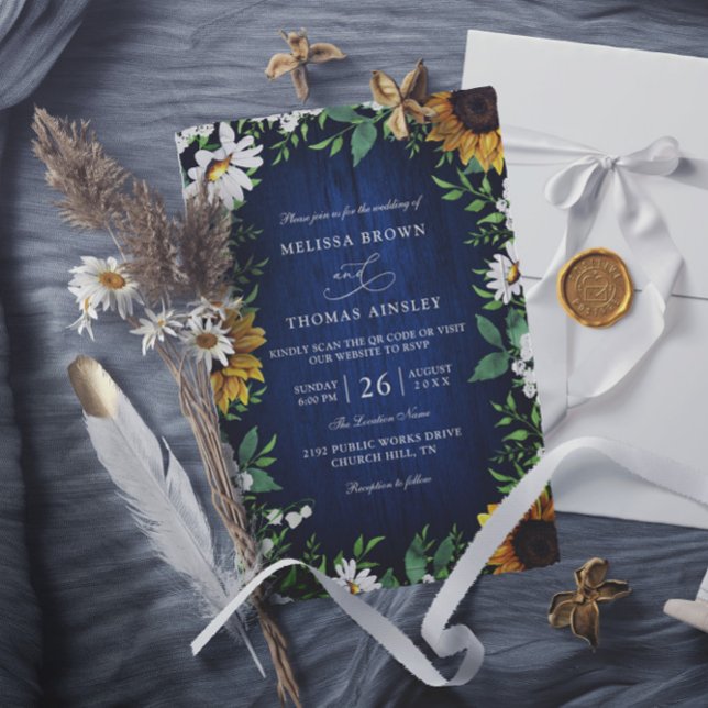 Convite Navy Blue Sunflower Rustic Budget QR Code Wedding (Criador carregado)