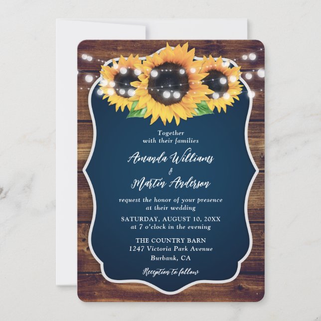 Convite Navy Blue Sunflower Rustic Wood Wedding (Frente)