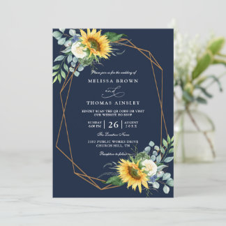Convite navy blue Sunflower white peony qr code wedding
