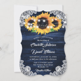 Convite Navy Blue Sunflower Wood String Lights Wedding
