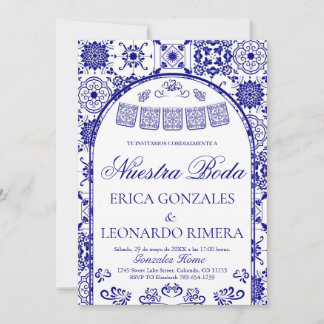 Convite Navy Blue Talavera Papel Picado Spanish Wedding