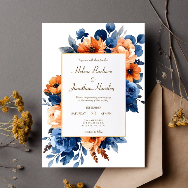 Convite Navy Blue Terracotta Watercolor Floral Elegant (Navy Blue Terracotta Watercolor Floral Elegant Invitation)