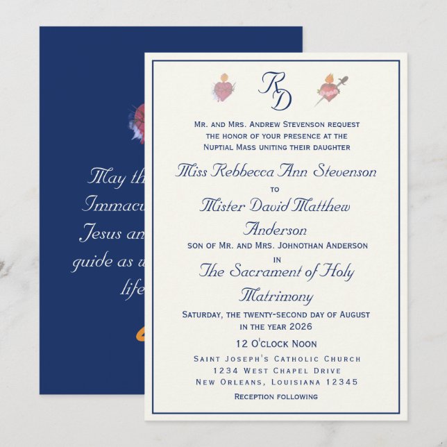 Convite Navy-Blue Two Hearts Catholic Wedding  (Frente/Verso)