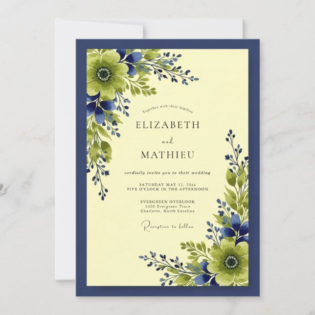 Convite Navy Blue Vivid Botanical Wedding (Frente)