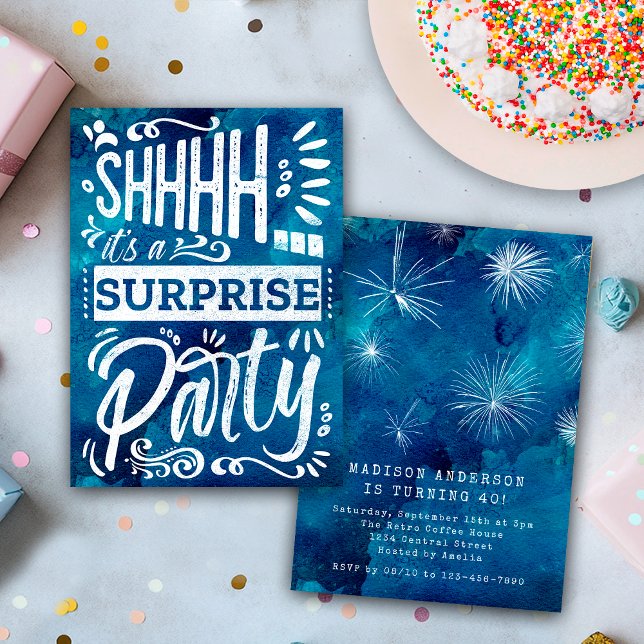 Convite Navy Blue Watercolor Shh Surprise Birthday Party (Criador carregado)