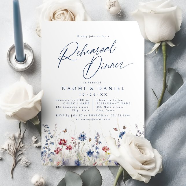 Convite Navy Blue Watercolor Wildflower Rehearsal Dinner (Navy Blue Watercolor Wildflower Rehearsal Dinner Invitation)