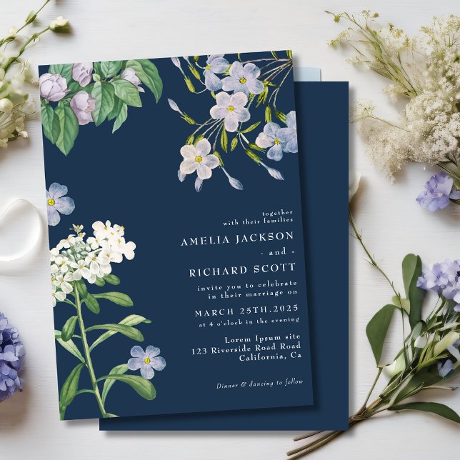 Convite Navy blue watercolor wildflowers classic wedding (Criador carregado)