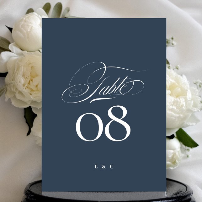 Convite Navy Blue White Elegant Wedding 5 x 7 Table Number (Criador carregado)