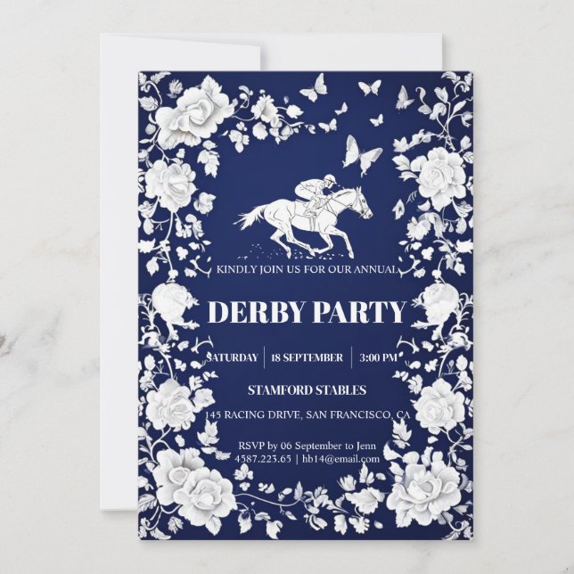 Convite Navy Blue & White Toile Floral Kentucky Derby Invi (Frente)