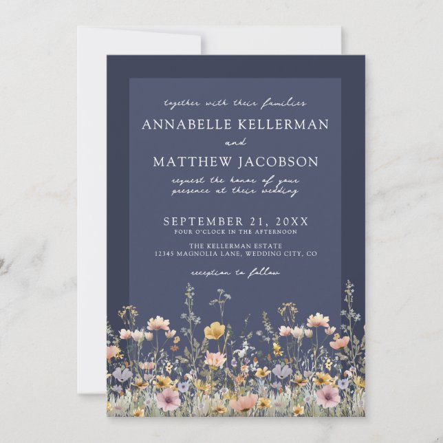 Convite Navy Blue Wildflower Floral Wedding (Frente)