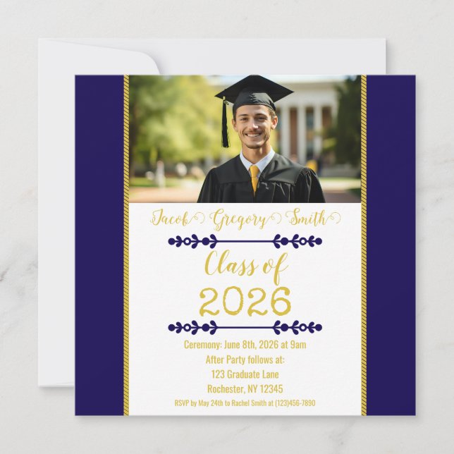 Convite Navy Blue with Gold Graduation Invitation (Frente)