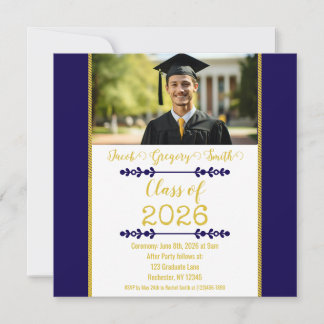 Convite Navy Blue with Gold Graduation Invitation