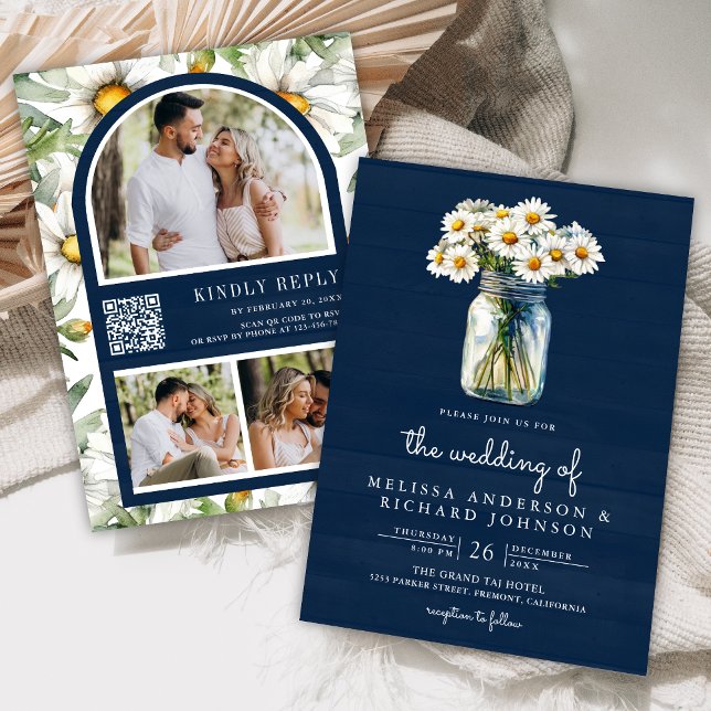 Convite Navy Blue Wood Daisies Mason Jar QR Code Wedding (Criador carregado)