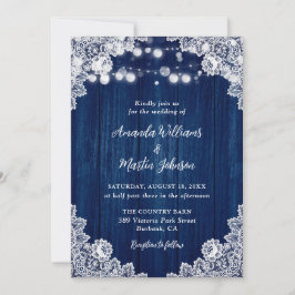 Convite Navy Blue Wood Lace Romantic Rustic Chic Wedding