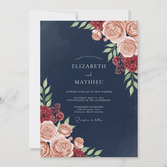 Convite Navy Blush Bloom Romance Wedding (Frente)