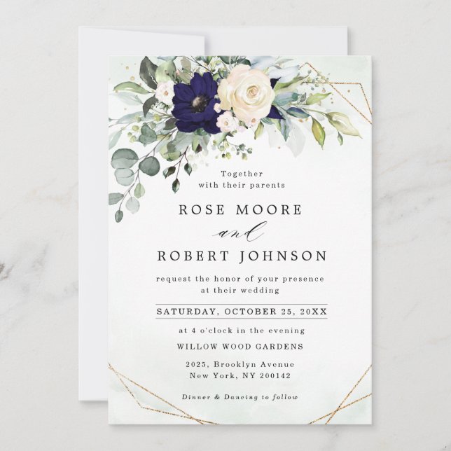 Convite Navy Blush Floral Greenery Geometric Wedding (Frente)