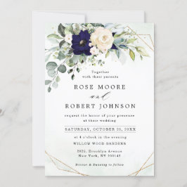 Convite Navy Blush Floral Greenery Geometric Wedding