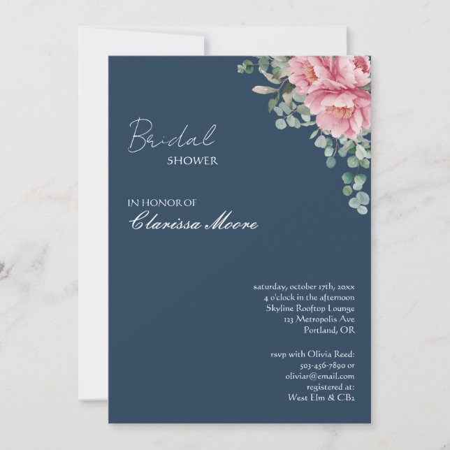 Convite Navy Blush Peony Gold Frame Bridal Shower (Frente)