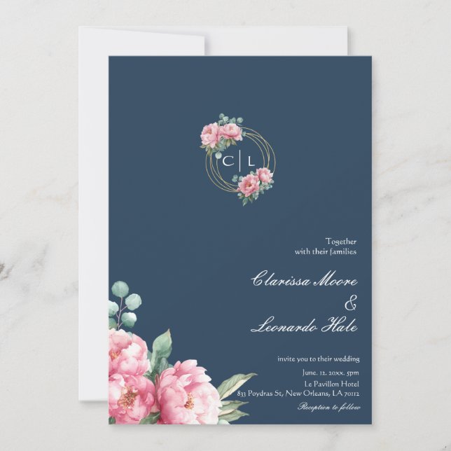 Convite Navy Blush Peony Gold Frame Wedding  (Frente)