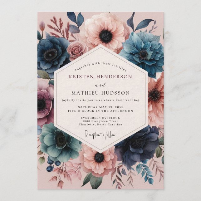 Convite Navy Blush Vivid Flora Wedding (Frente)