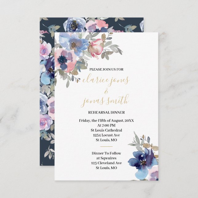 Convite Navy & Blush Watercolor Flowers Rehearsal Dinner (Frente/Verso)