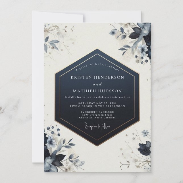 Convite Navy Botanical Bloom Wedding (Frente)