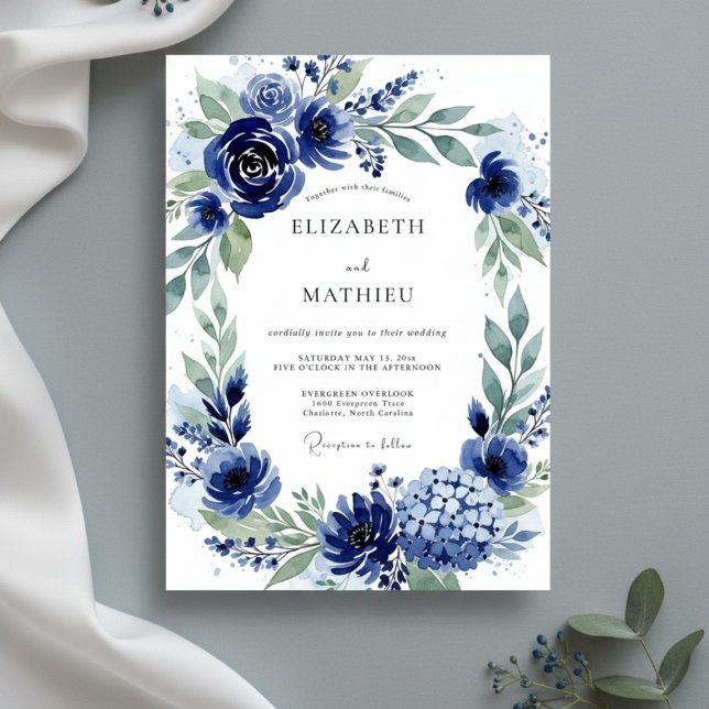 Convite Navy Botanical Bloom Wedding (Criador carregado)