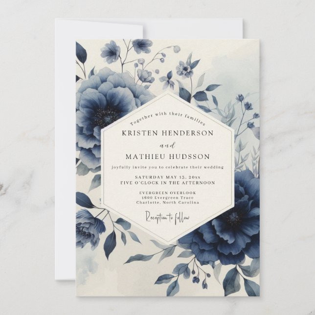 Convite Navy Botanical Moody Wedding (Frente)