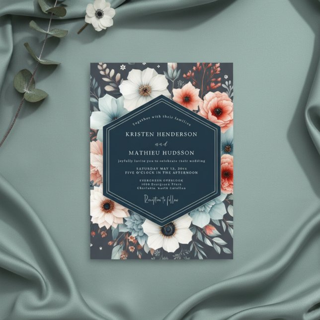 Convite Navy Botanical Romance Wedding (Criador carregado)