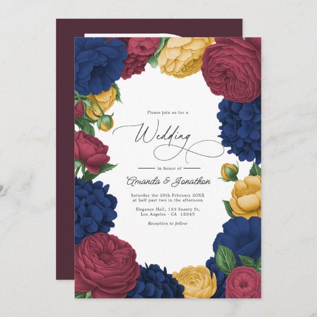 Convite Navy, Burgundy & Gold Floral Wedding (Frente/Verso)