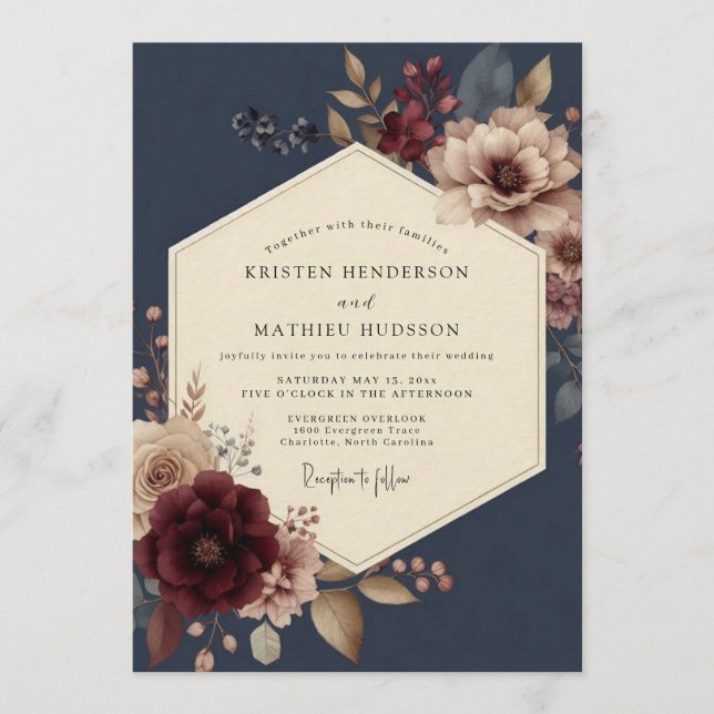 Convite Navy Burgundy Opulent Bloom Wedding (Frente)