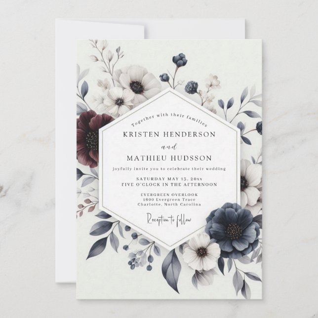 Convite Navy Burgundy Winter Bloom Wedding (Frente)