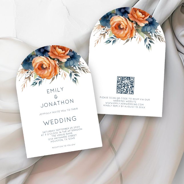 Convite Navy Burnt Orange Florals QR Code Wedding Arch (Criador carregado)