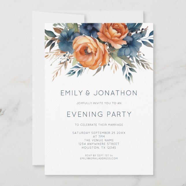 Convite Navy Burnt Orange Florals Wedding Evening Party (Frente)