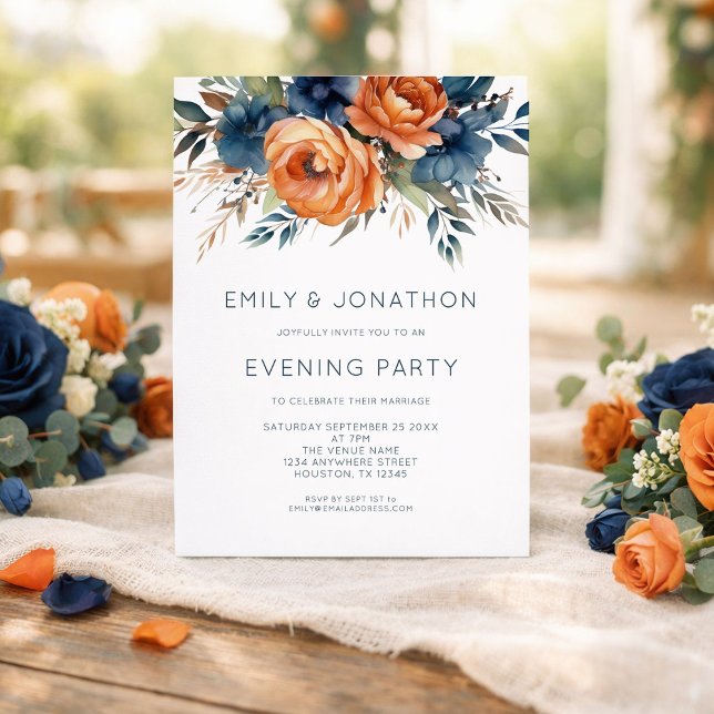 Convite Navy Burnt Orange Florals Wedding Evening Party (Criador carregado)