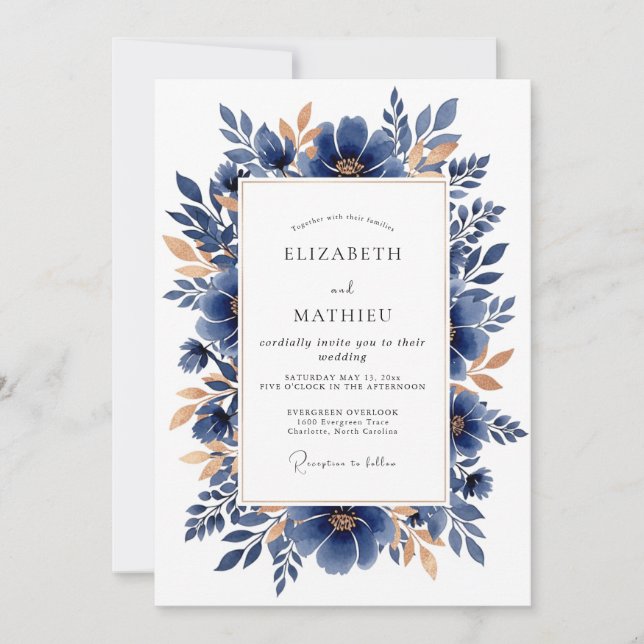 Convite Navy Copper Elegant Botanical Wedding (Frente)