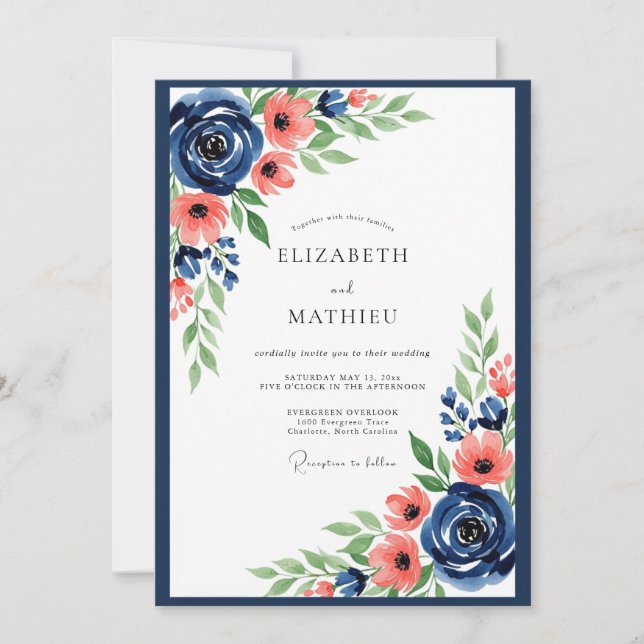 Convite Navy Coral Floral Romance Wedding (Frente)