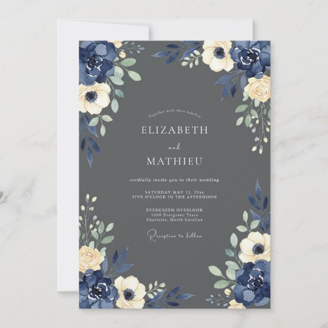 Convite Navy Cream Floral Wedding (Frente)