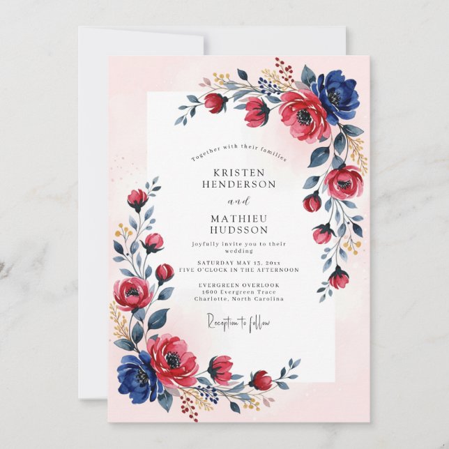Convite Navy Crimson Romantic Summer Wedding (Frente)
