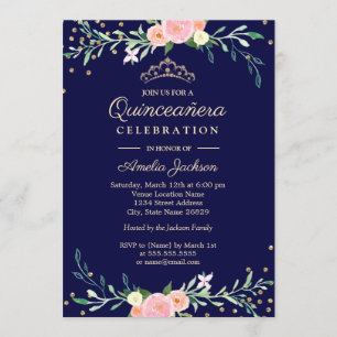 Convite Navy Doce Floral Brilho Confete Quinceanera