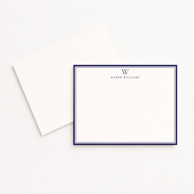 Convite Navy Double Border Monogram Off-White Note Card (Criador carregado)